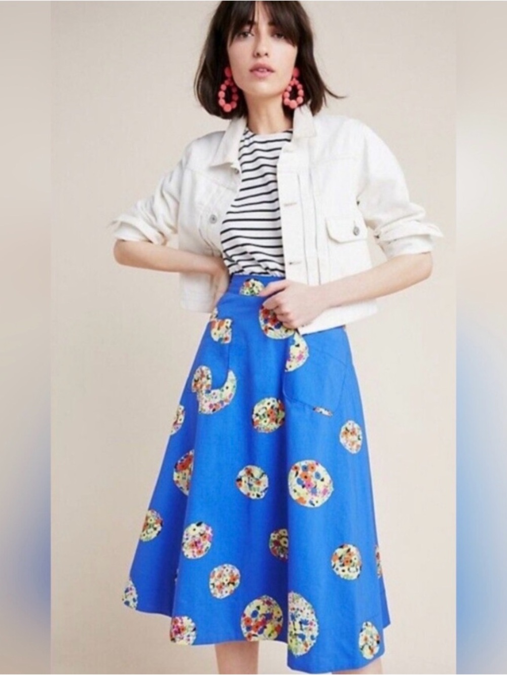 Anthropologie Blue A-Line Skirt with Floral Circle Print